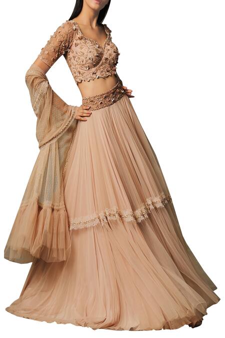 Buy Peach Net Embroidered Sequins Round Embellished Sheer Lehenga Set For Women By Mahima 3173