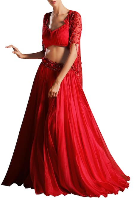 Mahima Mahajan Red Georgette Embroidered Embellished Sheer Jacket With Skirt And Ruched Blouse 