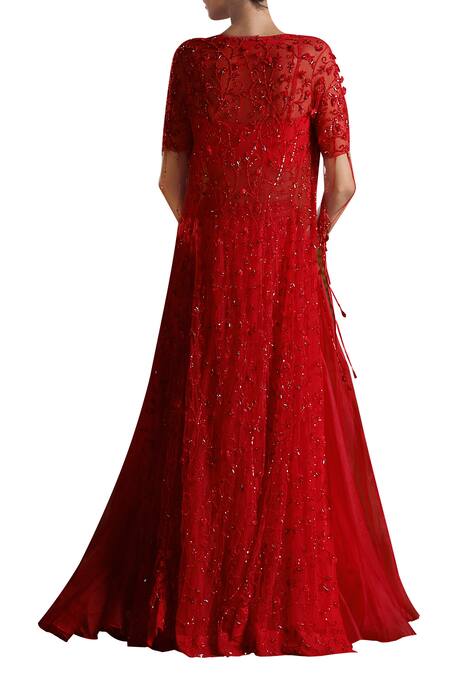 Shop_Mahima Mahajan_Red Georgette Embroidered Embellished Sheer Jacket With Skirt And Ruched Blouse_at_Aza_Fashions