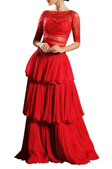 Mahima Mahajan Red Georgette Embroidered Sequins Round Sheer Bodysuit With Tier Lehenga Skirt