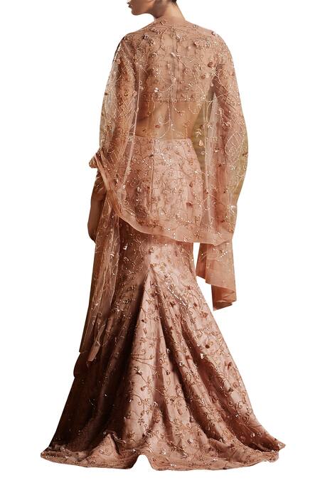 Shop_Mahima Mahajan_Peach Raw Silk Fish Cut Lehenga Skirt With Embellished Blouse And Dupatta_at_Aza_Fashions