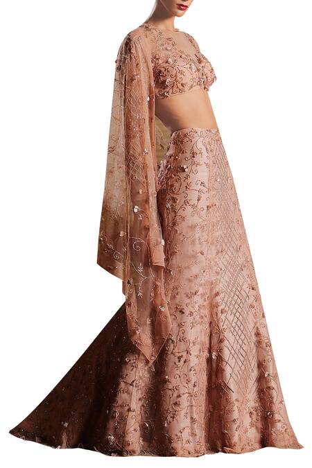 Mahima Mahajan_Peach Raw Silk Fish Cut Lehenga Skirt With Embellished Blouse And Dupatta_Online_at_Aza_Fashions