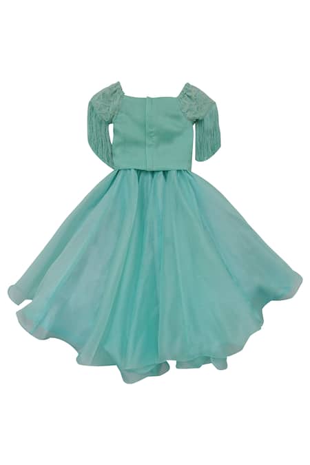 Shop Fayon Kids Green Organza Pearls, Sequins Embroidered Blouse With Shimmer Skirt at Aza Fashions Shop_Fayon Kids_Green Organza Pearls, Sequins Embroidered Blouse With Shimmer Skirt _at_Aza_Fashions