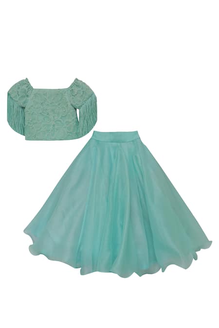 Fayon Kids Green Organza Pearls, Sequins Embroidered Blouse With Shimmer Skirt Online at Aza Fashions Fayon Kids_Green Organza Pearls, Sequins Embroidered Blouse With Shimmer Skirt _Online_at_Aza_Fashions