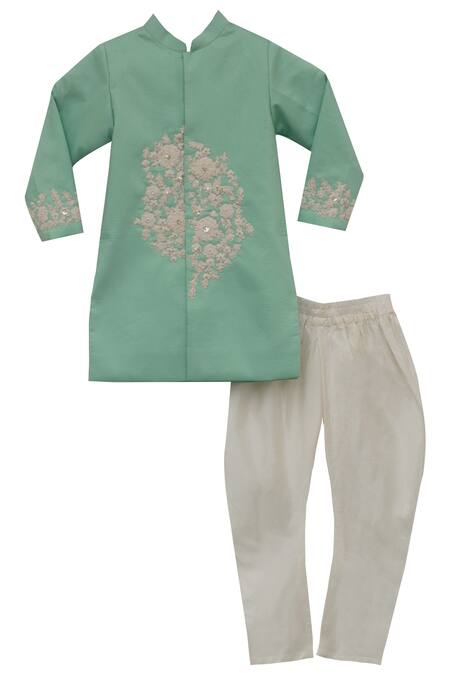Fayon Kids Blue Cotton, Silk Embroidery, Sequins Sherwani Online at Aza Fashions Fayon Kids_Blue Cotton, Silk Embroidery, Sequins Sherwani _Online_at_Aza_Fashions