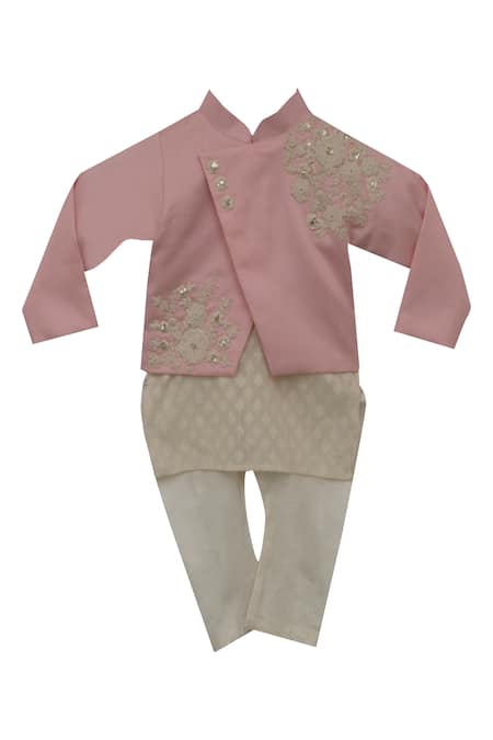 Fayon Kids Pink Cotton, Silk Embroidery Jacket With Kurta And Churidar 