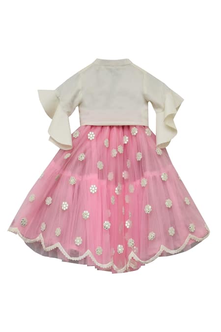 Shop Fayon Kids Pink Cotton, Net, Silk Embroidery Baby Lehenga Set at Aza Fashions Shop_Fayon Kids_Pink Cotton, Net, Silk Embroidery Baby Lehenga Set _at_Aza_Fashions