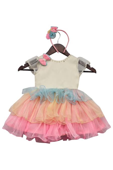 Fayon Kids Multi Color Organza, Silk Pearls, Bows Frill Dress