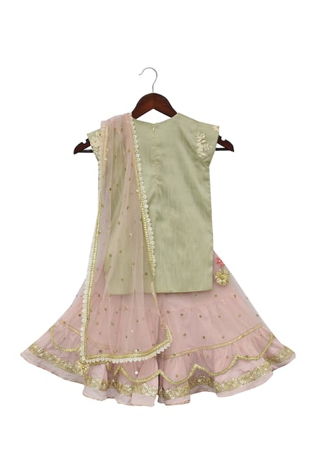 Shop_Fayon Kids_Green Net, Silk Embroidery, Sequins Floral Kurta And Sharara Set _at_Aza_Fashions
