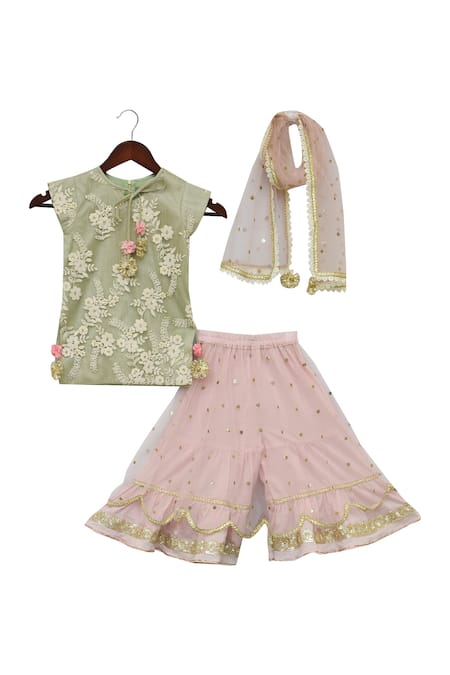 Fayon Kids_Green Net, Silk Embroidery, Sequins Floral Kurta And Sharara Set _Online_at_Aza_Fashions