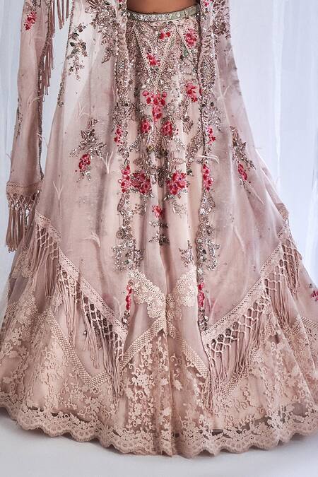 Dolly J_Ivory Lace, Organza Sequins, Crystals Cedar Wood Embellished Lehenga And Cape Set _Online_at_Aza_Fashions