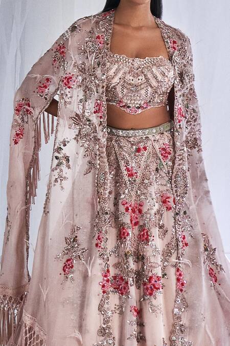 Buy_Dolly J_Ivory Lace, Organza Sequins, Crystals Cedar Wood Embellished Lehenga And Cape Set _Online_at_Aza_Fashions