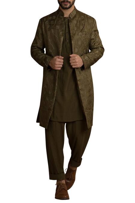 Nakita Singh Green Handwoven Silk Sherwani Online at Aza Fashions Nakita Singh_Green Handwoven Silk Sherwani_Online_at_Aza_Fashions