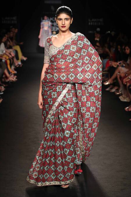 Punit Balana_Blue Chifon Cutdana, Beads Round Saree With Blouse _Online_at_Aza_Fashions