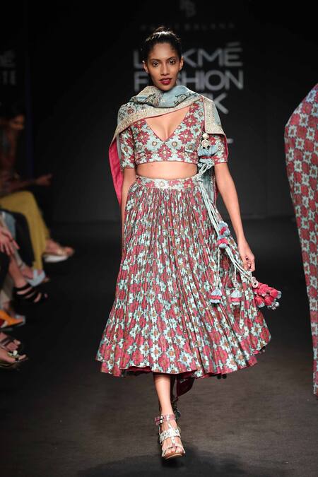 Punit Balana_Blue Chanderi Cutdana, Beads Round Lehenga Set _Online_at_Aza_Fashions