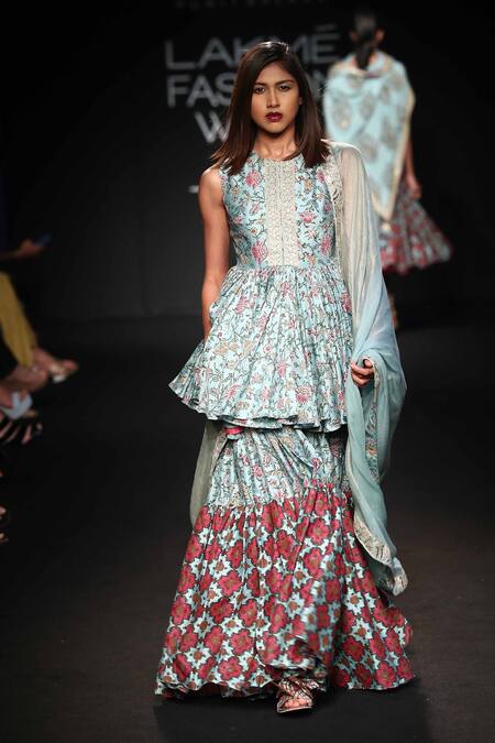 Punit Balana_Blue Chanderi Cutdana, Sequins Round Dori Work Blouse With Dupatta And Sharara _Online_at_Aza_Fashions