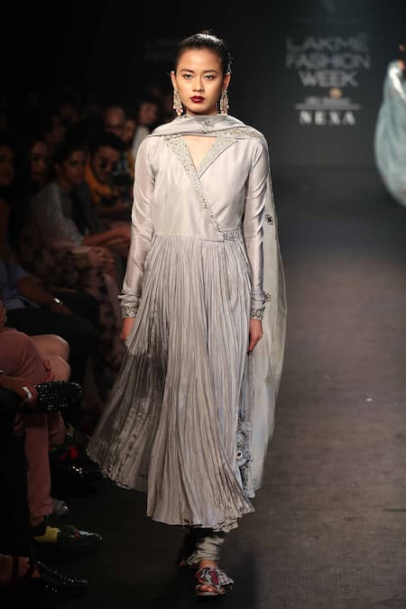 Punit Balana_Grey Chanderi Cutdana, Beads Hand Embroidered Anarkali With Dupatta And Churidar _Online_at_Aza_Fashions