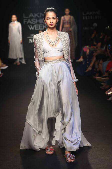 Punit Balana_Grey Organza, Satin Cutdana, Beads Embroidered Cape With Bralette And Dhoti Pants _Online_at_Aza_Fashions