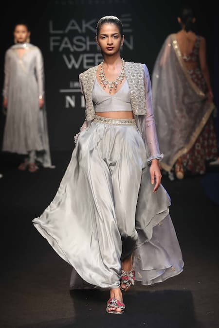 PUNIT BALANA Grey Satin Embroidered Beads Round Cape With Bralette And Dhoti Pants 