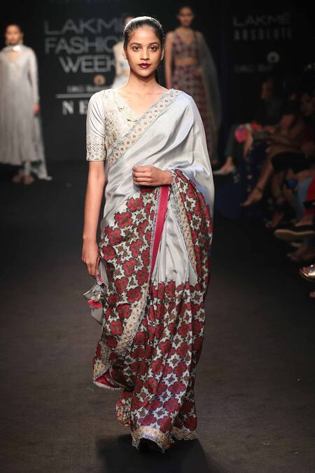 Punit Balana_Grey Satin Cutdana, Beads Round Hand Embroidered Saree With Blouse _Online_at_Aza_Fashions