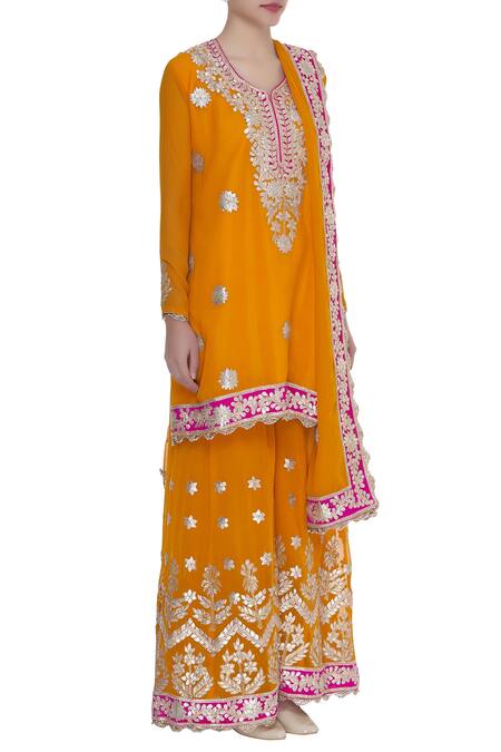 Abhi Singh_Yellow Chanderi Silk Kurta Sharara Set  _Online_at_Aza_Fashions