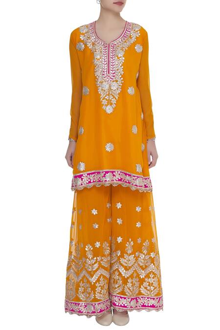 Shop_Abhi Singh_Yellow Chanderi Silk Kurta Sharara Set  _Online_at_Aza_Fashions