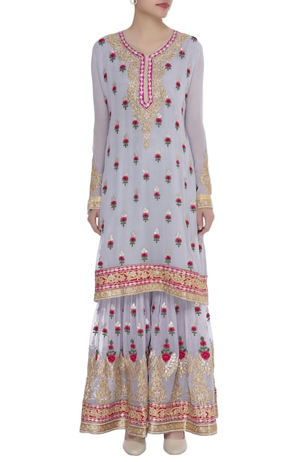 Shop_Abhi Singh_Blue Embroidered Kurta Sharara Set  _Online_at_Aza_Fashions
