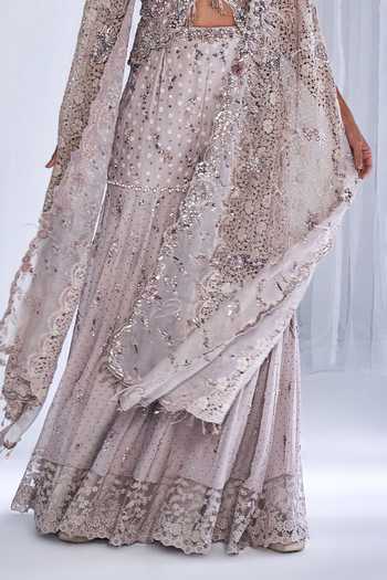 Dolly J_Grey Organza, Chanderi Crystals, Ice Foam Embellished Cape And Sharara Set _Online_at_Aza_Fashions
