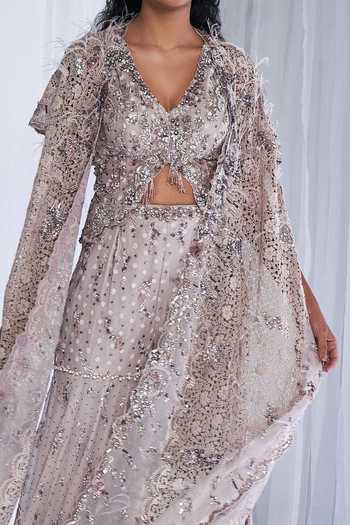 Buy_Dolly J_Grey Organza, Chanderi Crystals, Ice Foam Embellished Cape And Sharara Set _Online_at_Aza_Fashions