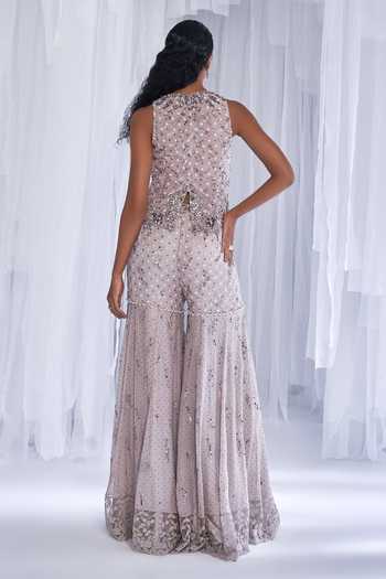 Shop_Dolly J_Grey Organza, Chanderi Crystals, Ice Foam Embellished Cape And Sharara Set _Online_at_Aza_Fashions
