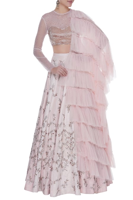 Mani Bhatia Pink Dupion Silk Embroidered Cutdana V Blouse And Lehenga Set With Ruffle Dupatta 