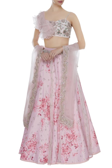 Mani Bhatia Pink Silk And Net Printed Rose Lehenga & Embroidered Ruffled Blouse With Dupatta 