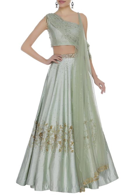 Mani Bhatia Sequin Lehenga Set With One shoulder blouse & attached drape 