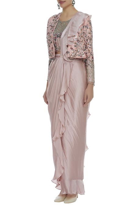 Buy_Mani Bhatia_Pink Satin And Soft Net Embroidered Floral Ruffled Pre Draped Saree With Jacket _Online_at_Aza_Fashions