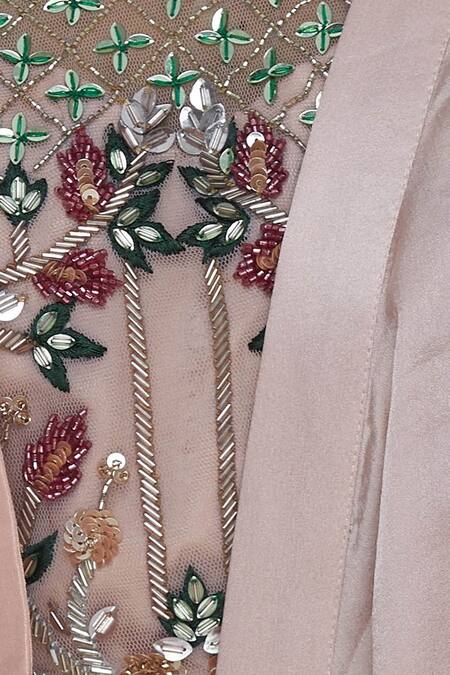 Mani Bhatia_Pink Satin And Soft Net Embroidered Floral Ruffled Pre Draped Saree With Jacket _at_Aza_Fashions