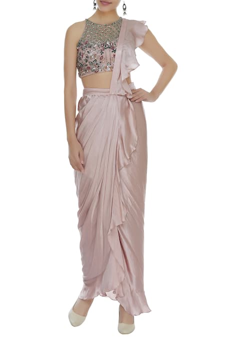 Mani Bhatia Ruffled pre Drape Saree With Cutdana Embroidered Blouse