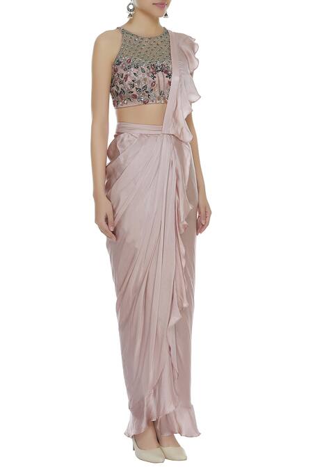 Mani Bhatia_Pink Pure Dupion Embroidered Cutdana Round Ruffled Pre Drape Saree With Blouse _Online_at_Aza_Fashions