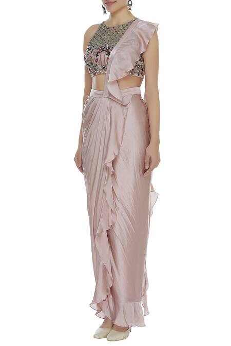 Buy_Mani Bhatia_Pink Pure Dupion Embroidered Cutdana Round Ruffled Pre Drape Saree With Blouse _Online_at_Aza_Fashions