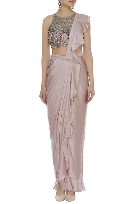 Shop_Mani Bhatia_Pink Pure Dupion Embroidered Cutdana Round Ruffled Pre Drape Saree With Blouse _Online_at_Aza_Fashions