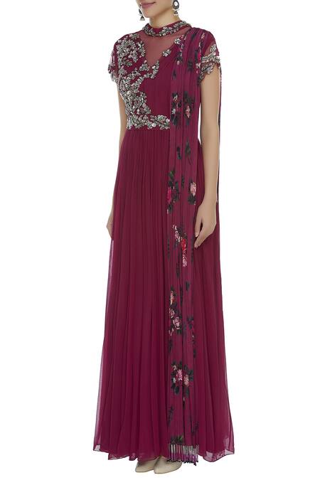 Buy_Mani Bhatia_Pink Georgette Printed Floral Round Cutdana Embroidered Sheer Back Anarkali Set _Online_at_Aza_Fashions