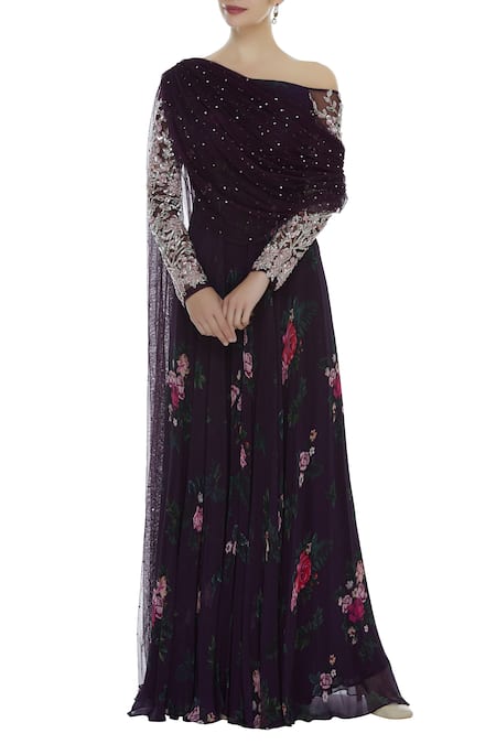 Mani Bhatia Maroon Crepe And Soft Net Printed & Embroidered Floral Motifs Jumpsuit With Drape 