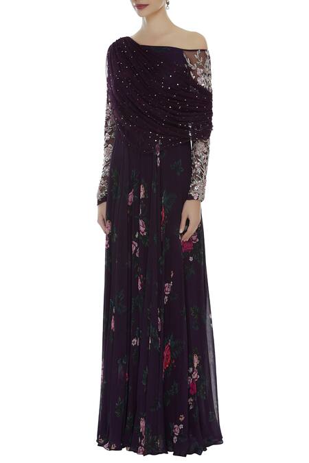 Buy_Mani Bhatia_Maroon Crepe And Soft Net Printed & Embroidered Floral Motifs Jumpsuit With Drape _Online_at_Aza_Fashions