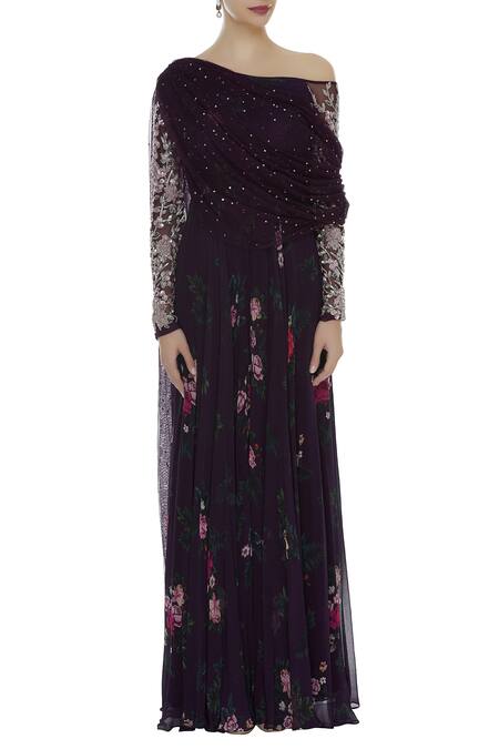 Shop_Mani Bhatia_Maroon Crepe And Soft Net Printed & Embroidered Floral Motifs Jumpsuit With Drape _Online_at_Aza_Fashions