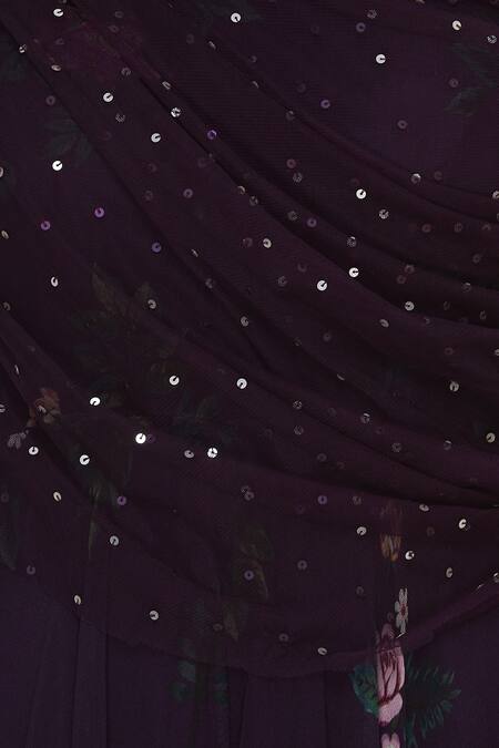 Mani Bhatia_Maroon Crepe And Soft Net Printed & Embroidered Floral Motifs Jumpsuit With Drape _at_Aza_Fashions