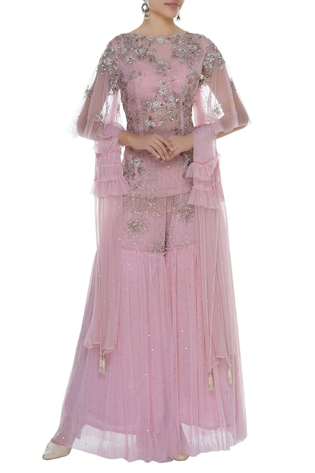 Mani Bhatia Pink Dupion Silk And Soft Net Embroidered Cutdana Floral Short Kurta Sharara Set 