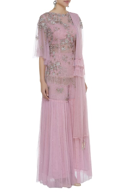 Mani Bhatia_Pink Dupion Silk And Soft Net Embroidered Cutdana Floral Short Kurta Sharara Set _Online_at_Aza_Fashions