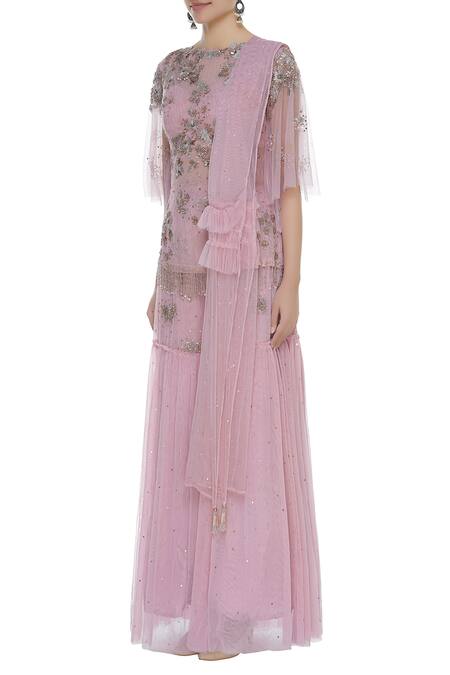 Buy_Mani Bhatia_Pink Dupion Silk And Soft Net Embroidered Cutdana Floral Short Kurta Sharara Set _Online_at_Aza_Fashions