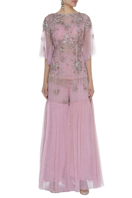 Shop_Mani Bhatia_Pink Dupion Silk And Soft Net Embroidered Cutdana Floral Short Kurta Sharara Set _Online_at_Aza_Fashions