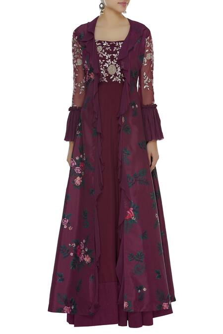 Mani Bhatia_Maroon Dupion Silk, Cotton Silk, Georgette Printed Anarkali With Ruffle Jacket _Online_at_Aza_Fashions