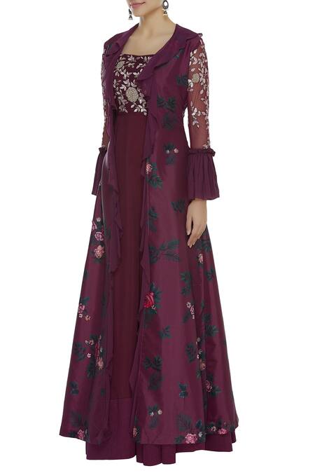Buy_Mani Bhatia_Maroon Dupion Silk, Cotton Silk, Georgette Printed Anarkali With Ruffle Jacket _Online_at_Aza_Fashions